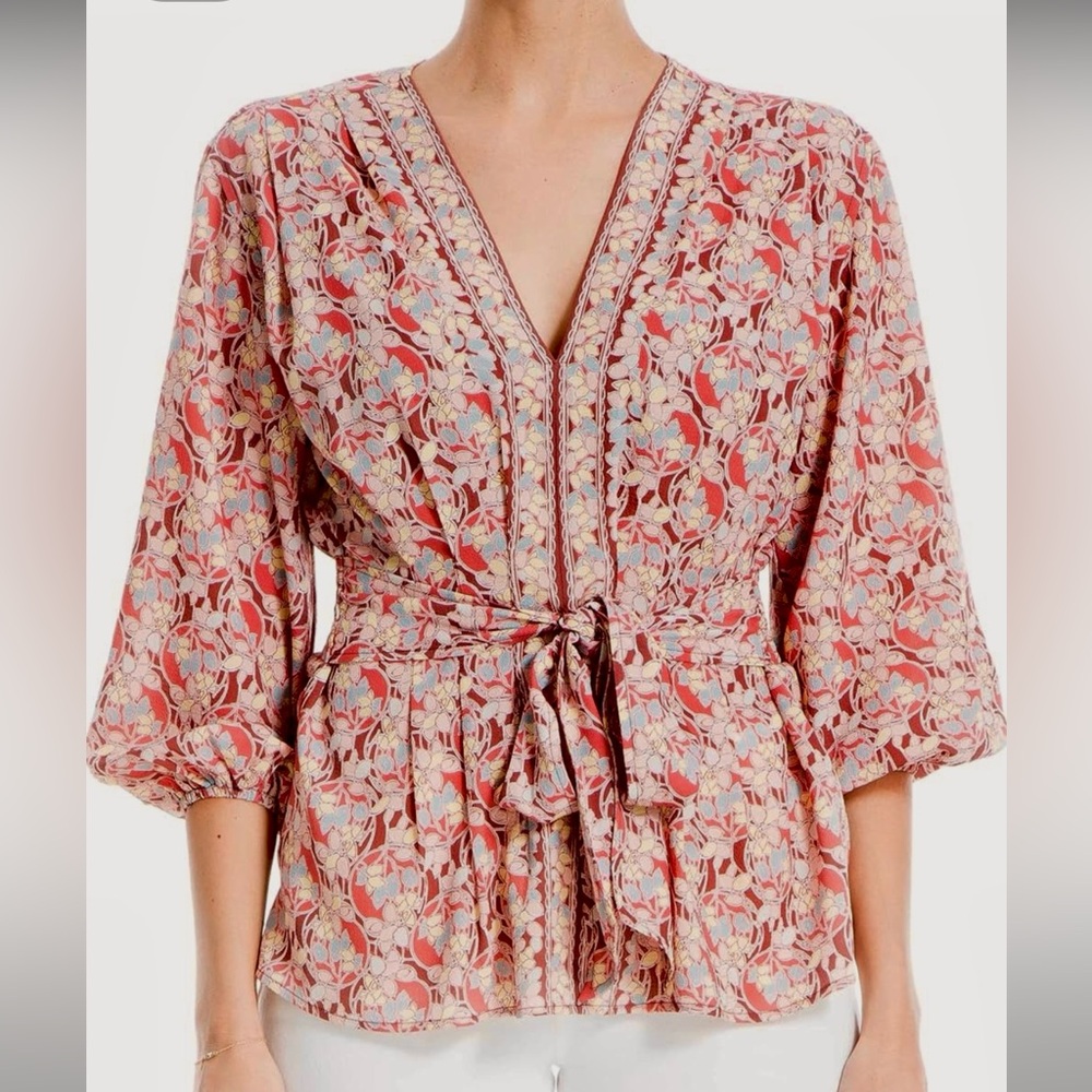 Pink Floral Crepe 3/4 Sleeve Smocked Back Blouse, Size XS